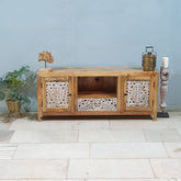 Indian Hand Carved Solid Wood Tv Unit 144X40X60 Cm Natural